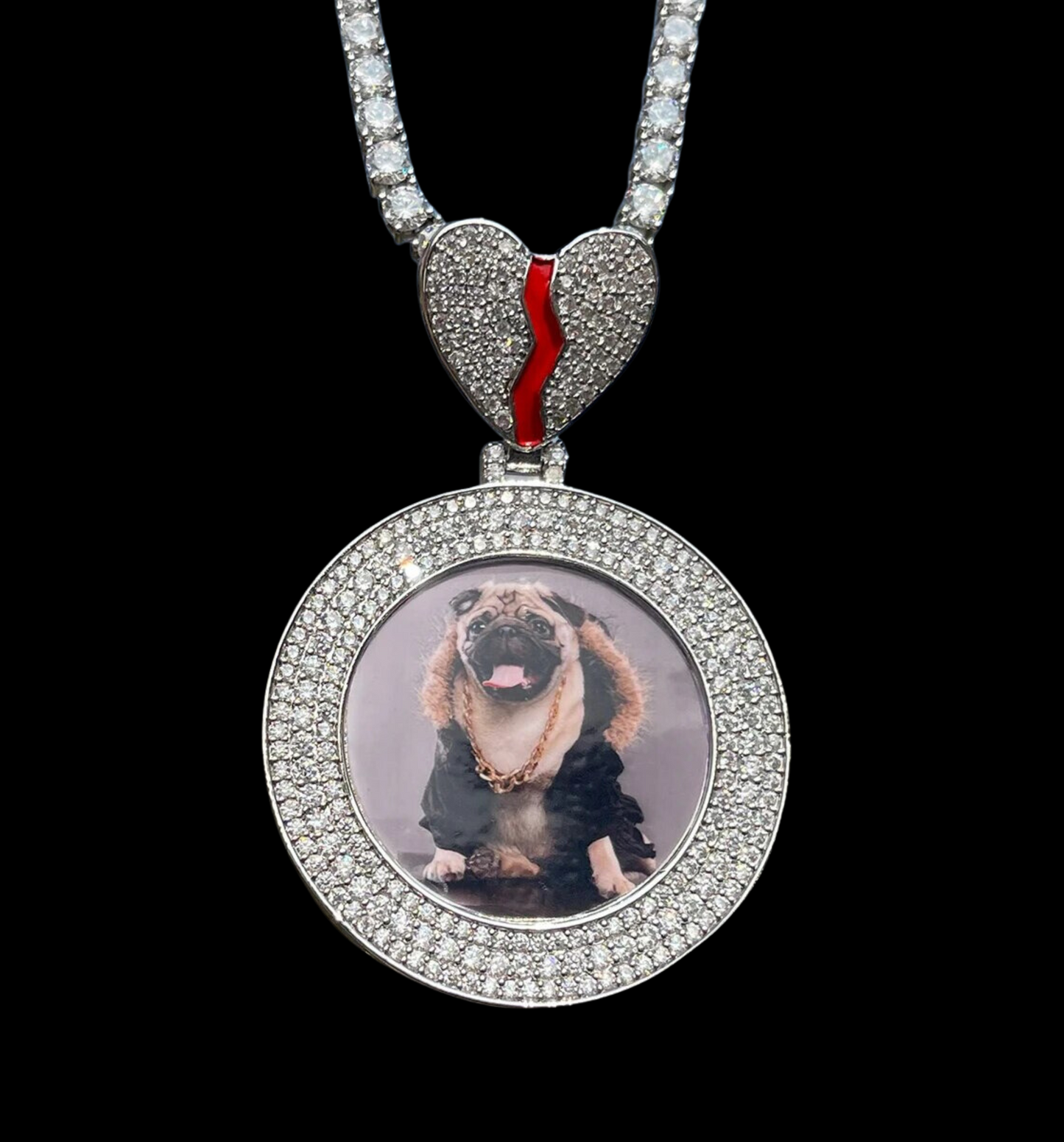 Triple Tennis Broken Heart Custom Photo Picture Pendant Necklace