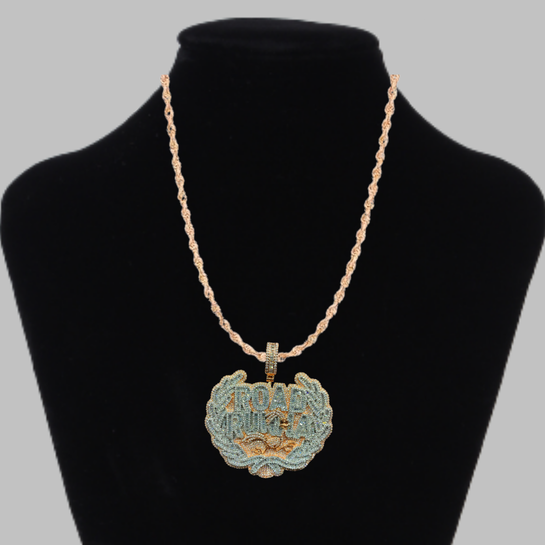 Road Runna Two Tone Badge Iced Out Letter Diamond Pendant Necklace
