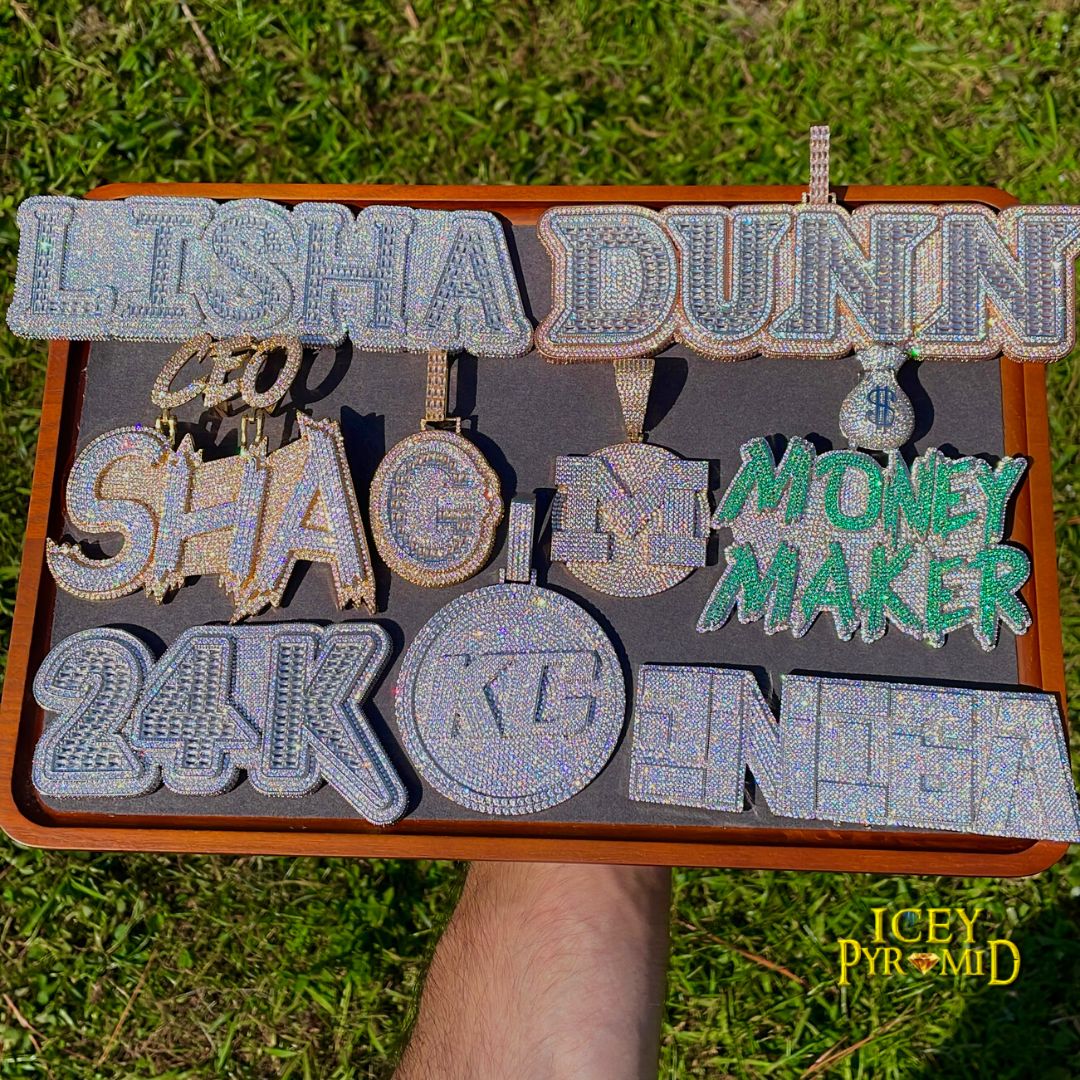 Money Bag Bail Two Tone Solid Iced Out Personalized Custom Name Necklace Pendant