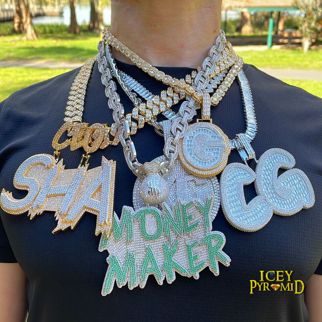 Money Bag Bail Two Tone Solid Iced Out Personalized Custom Name Necklace Pendant