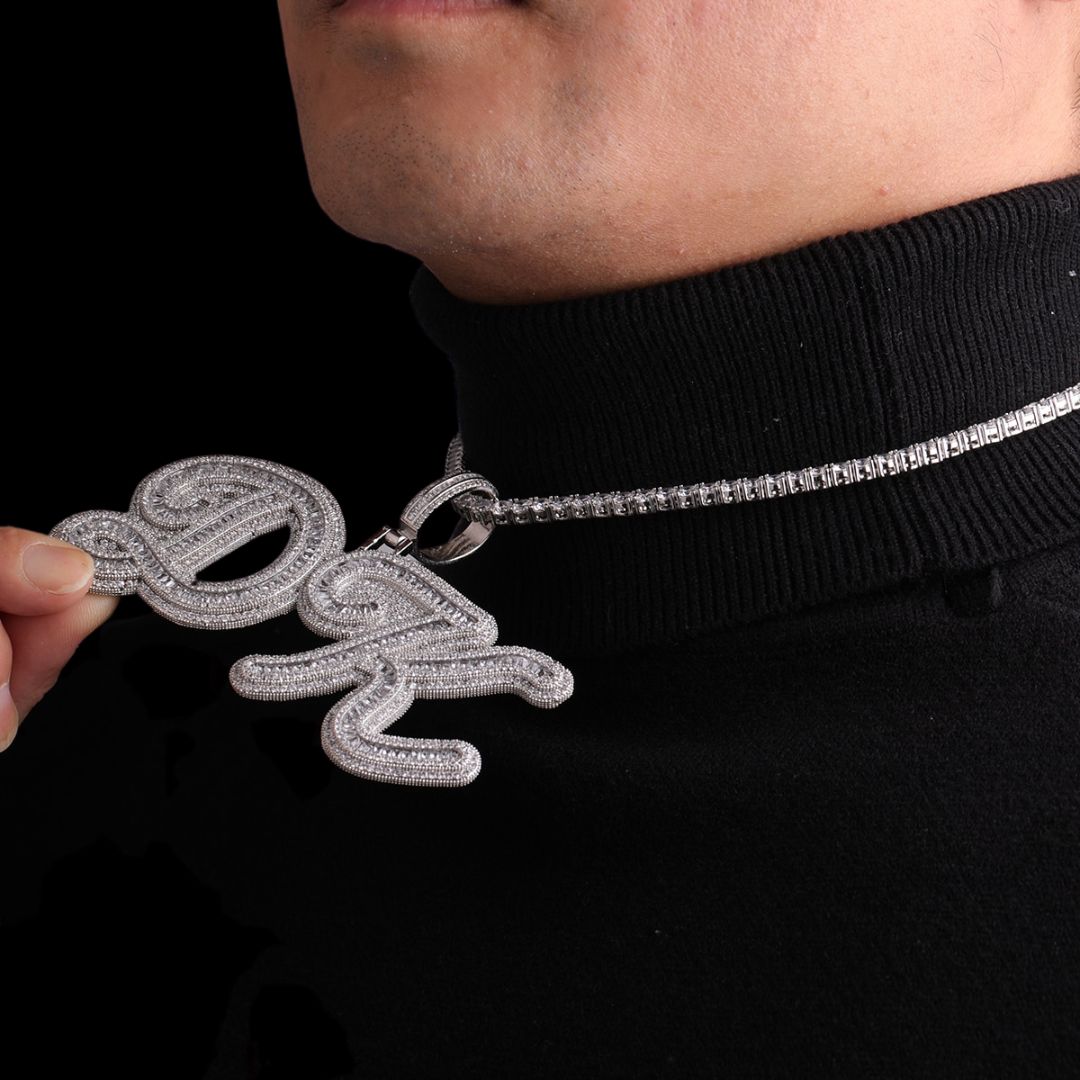 Designer Font Baguette Iced Out Personalized Custom Name Necklace Pendant