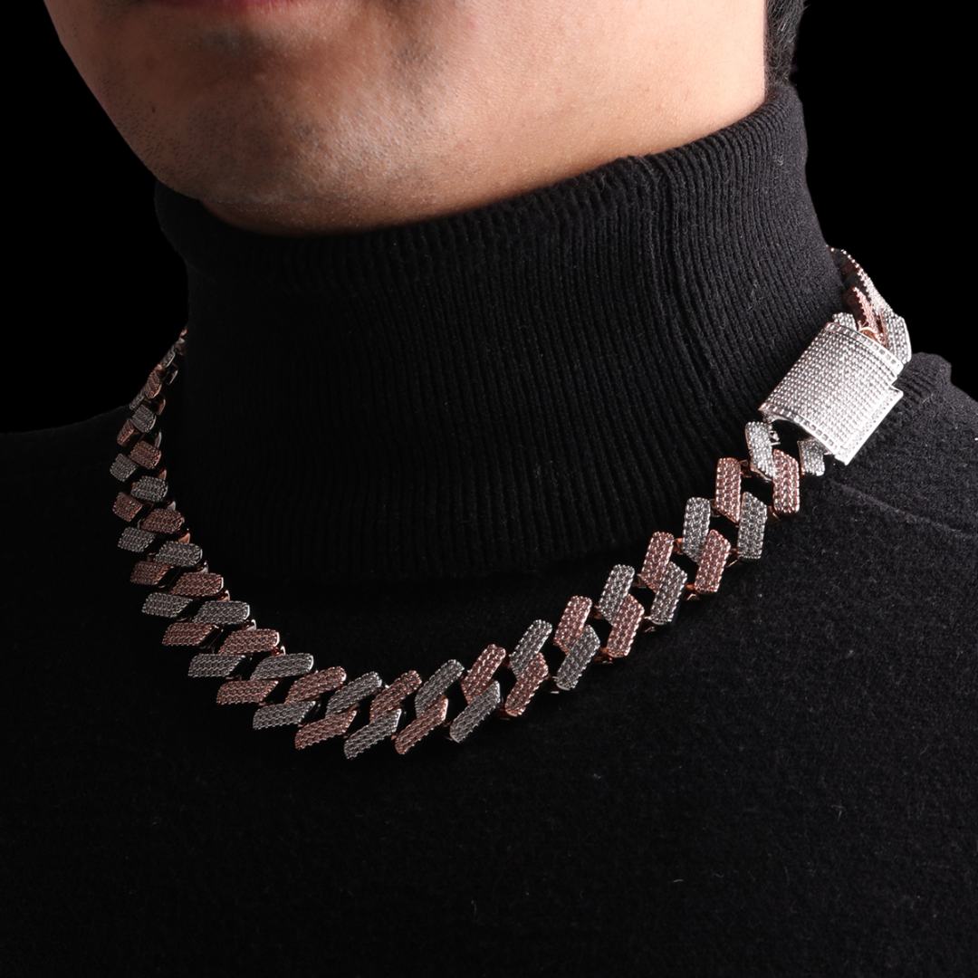 20MM Two Tone Rose Silver Miami Cuban Iced Out Diamond Necklace Chain