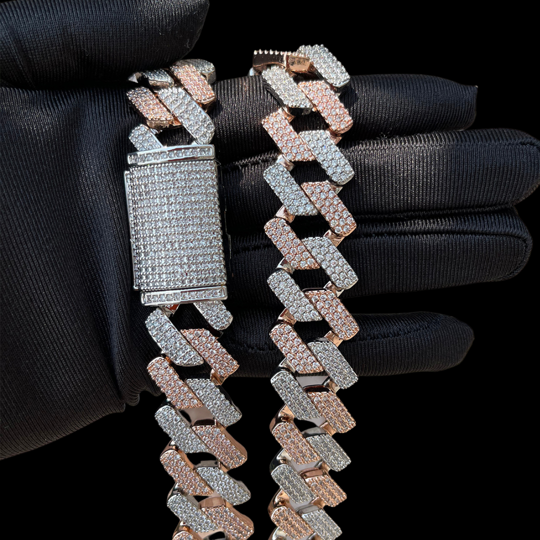 20MM Two Tone Rose Silver Miami Cuban Iced Out Diamond Necklace Chain