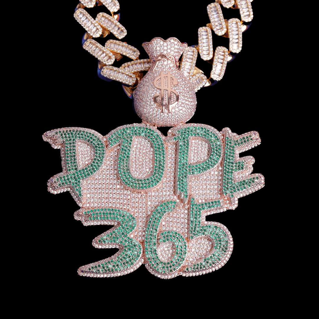 Money Bag Bail Two Tone Solid Iced Out Personalized Custom Name Necklace Pendant