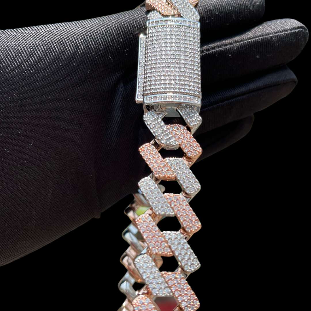 20MM Two Tone Rose Silver Miami Cuban Iced Out Diamond Necklace Chain