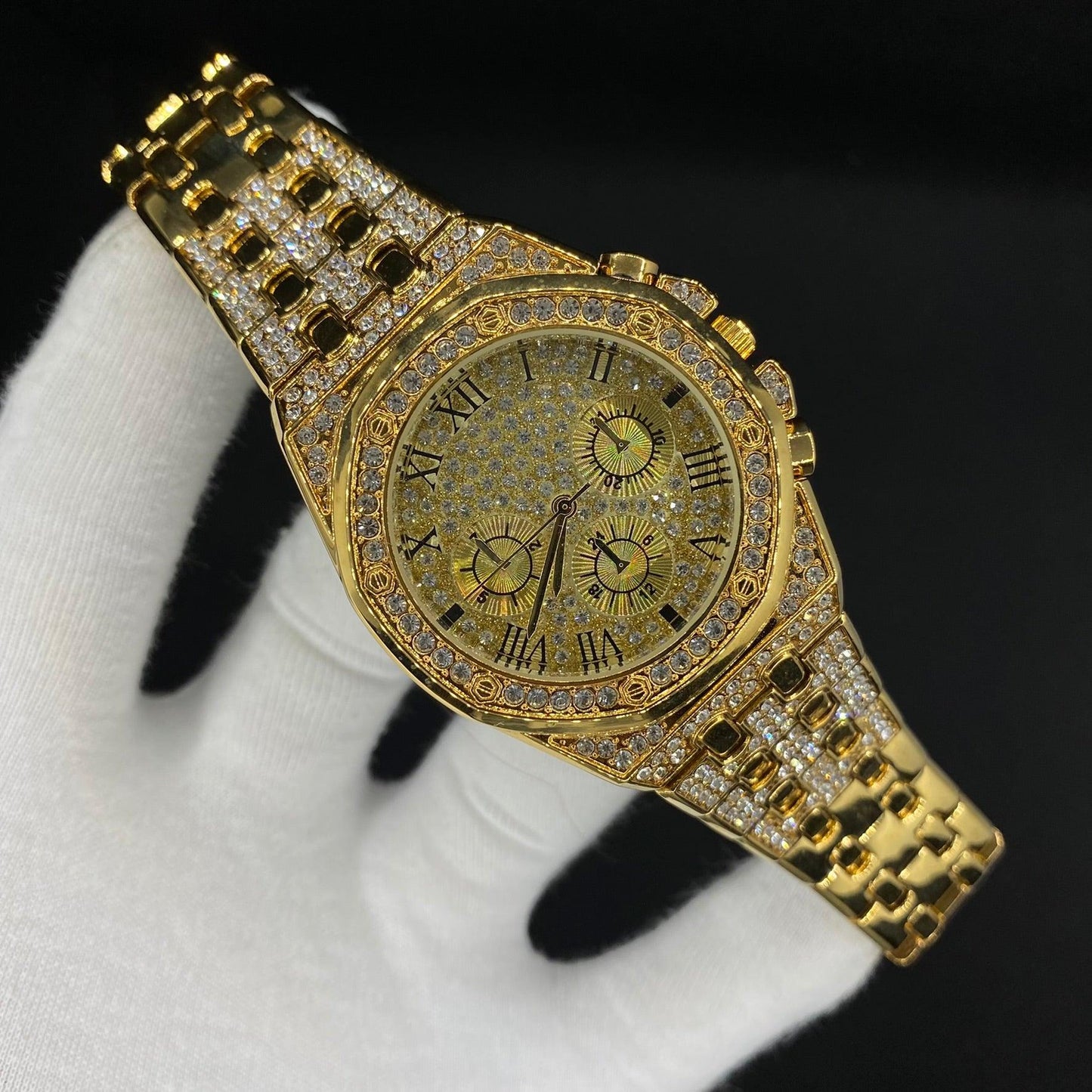Chronograph Roman Numerals Iced Out Diamond Watch