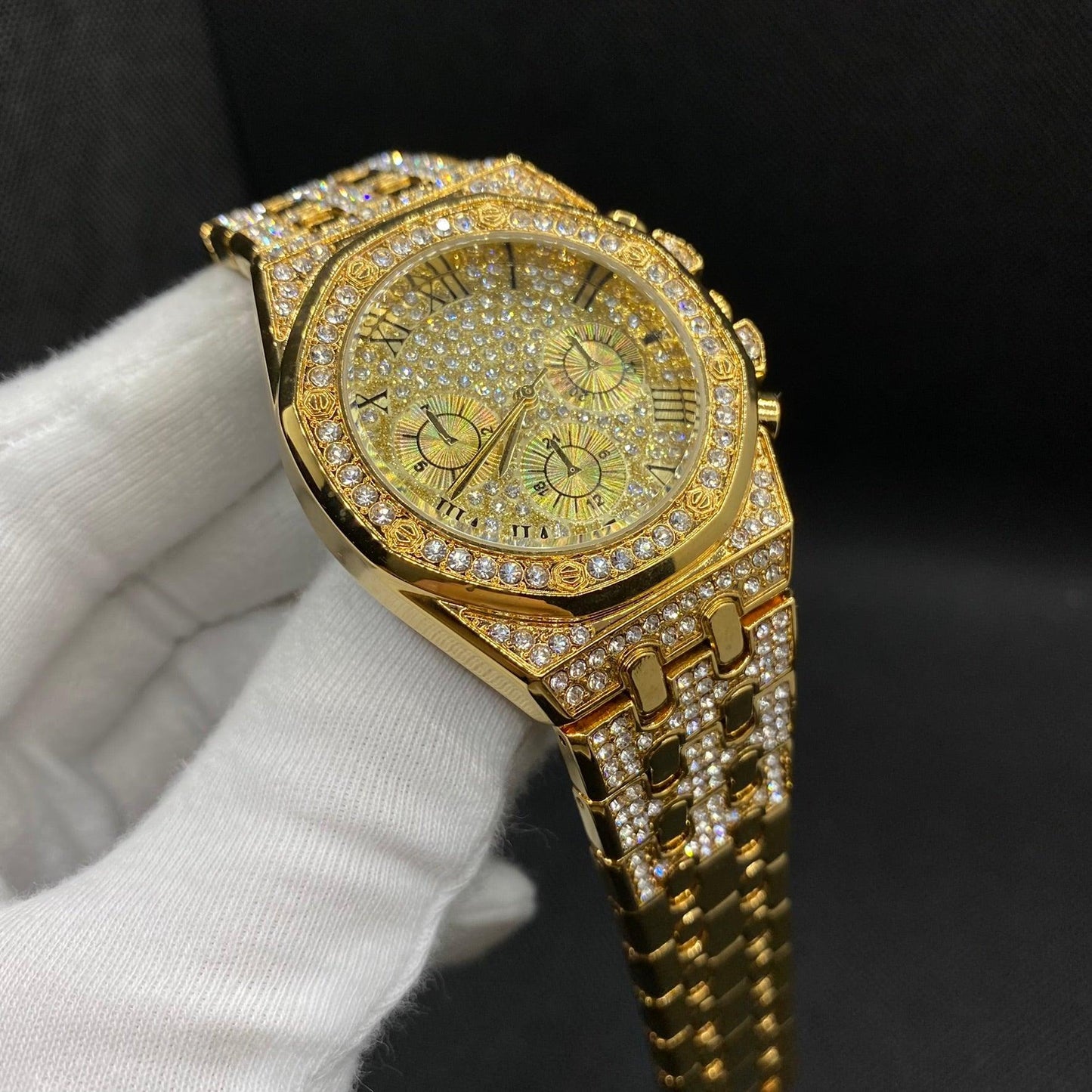 Chronograph Roman Numerals Iced Out Diamond Watch