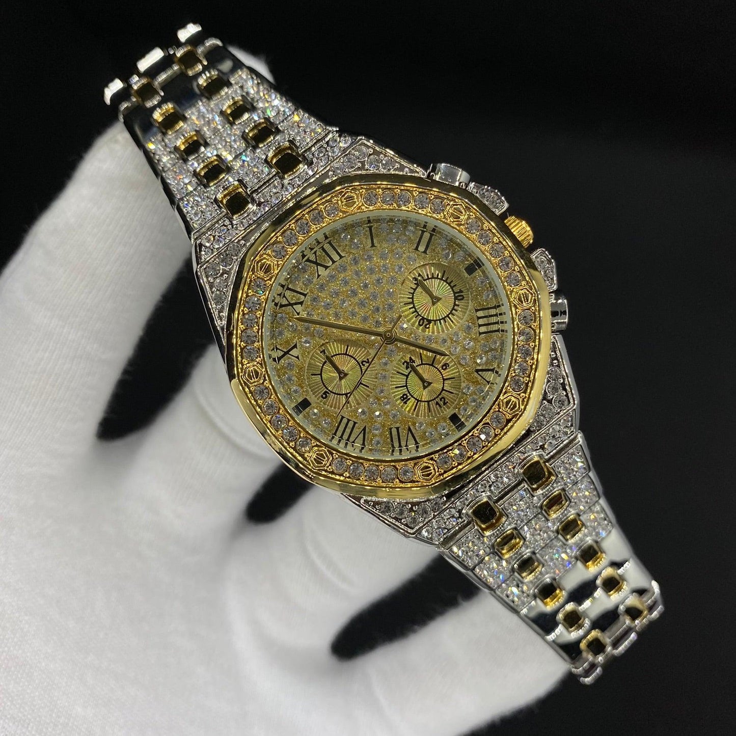 Chronograph Roman Numerals Iced Out Diamond Watch