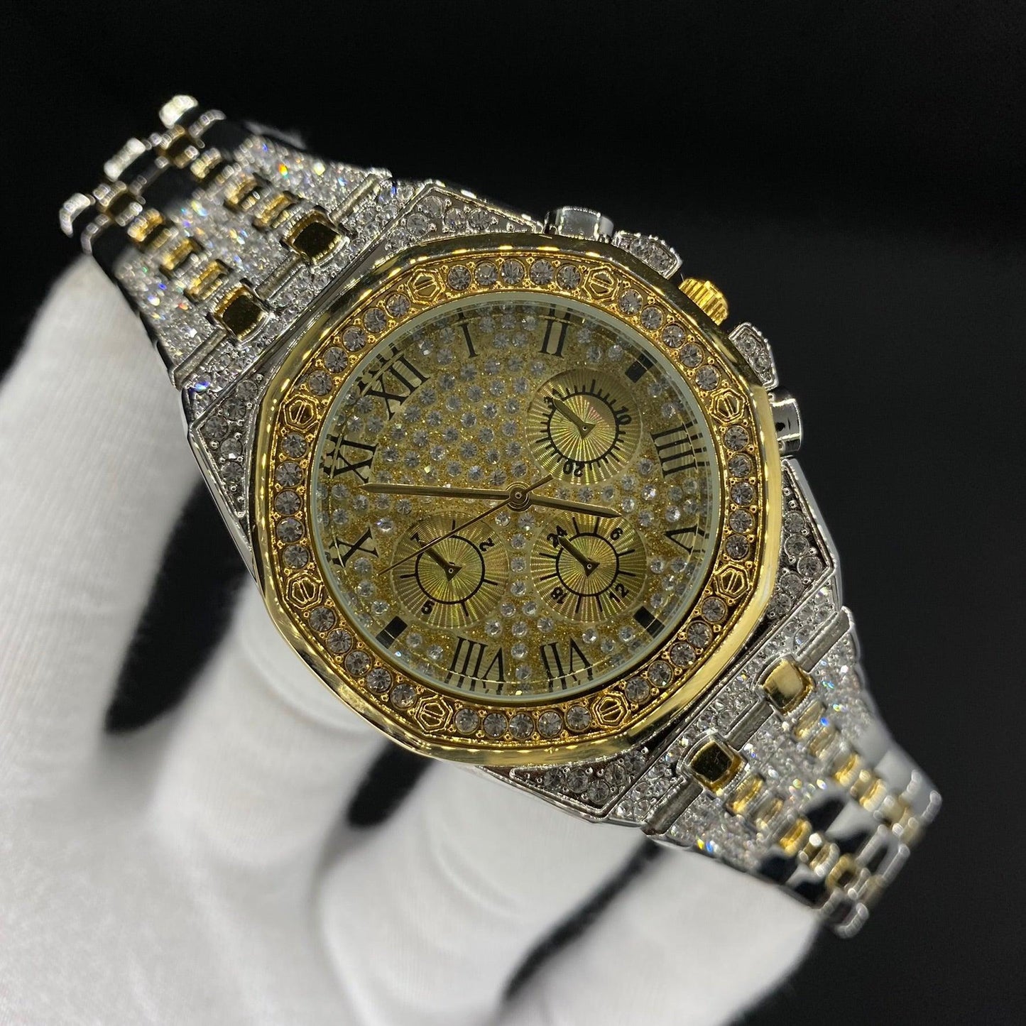 Chronograph Roman Numerals Iced Out Diamond Watch