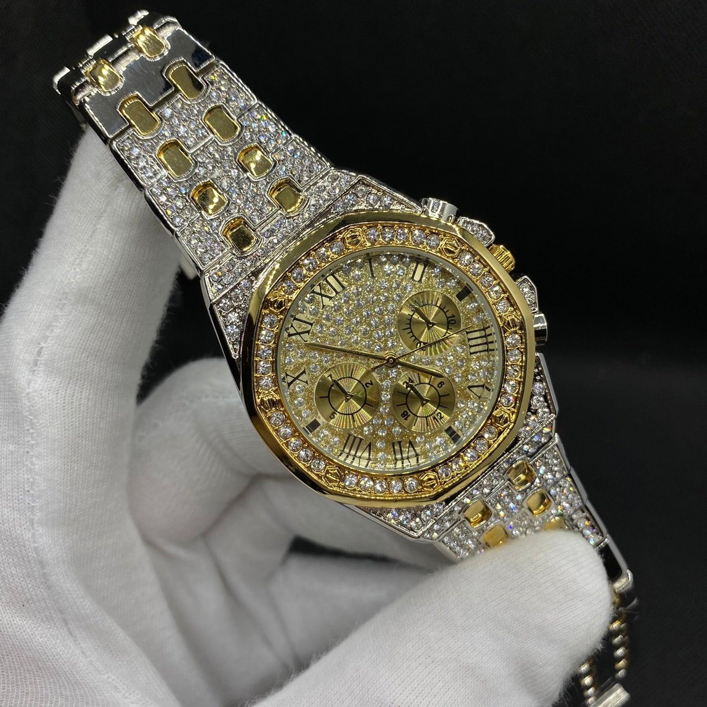 Chronograph Roman Numerals Iced Out Diamond Watch