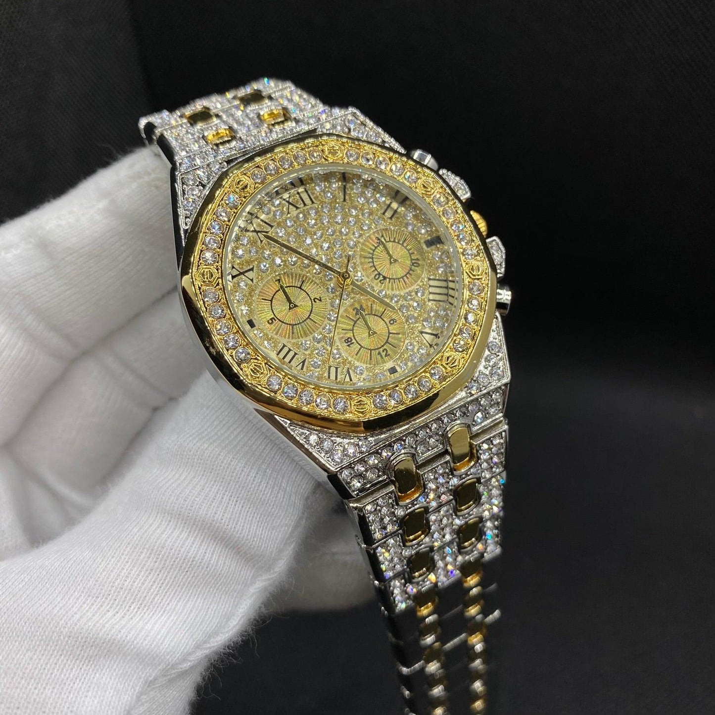 Chronograph Roman Numerals Iced Out Diamond Watch