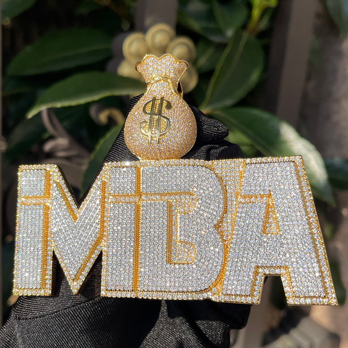 Money Bag Bail Two Layers Iced Out Personalized Custom Name Necklace Pendant