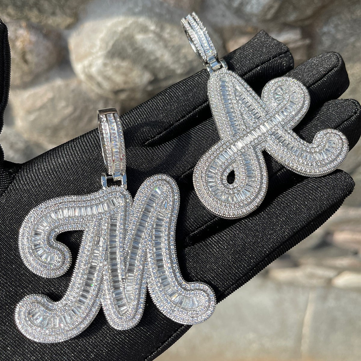 Two Layers Baguette Iced Out Initial Custom Name Necklace Pendant