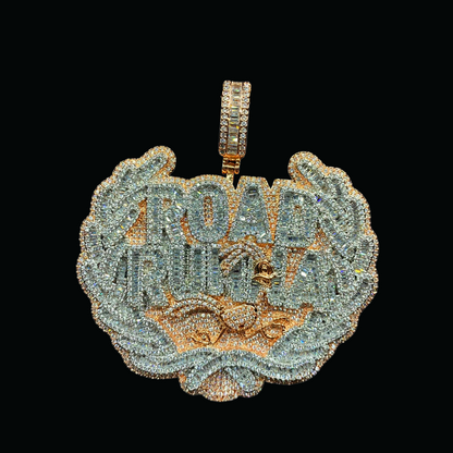 Road Runna Two Tone Badge Iced Out Letter Diamond Pendant Necklace