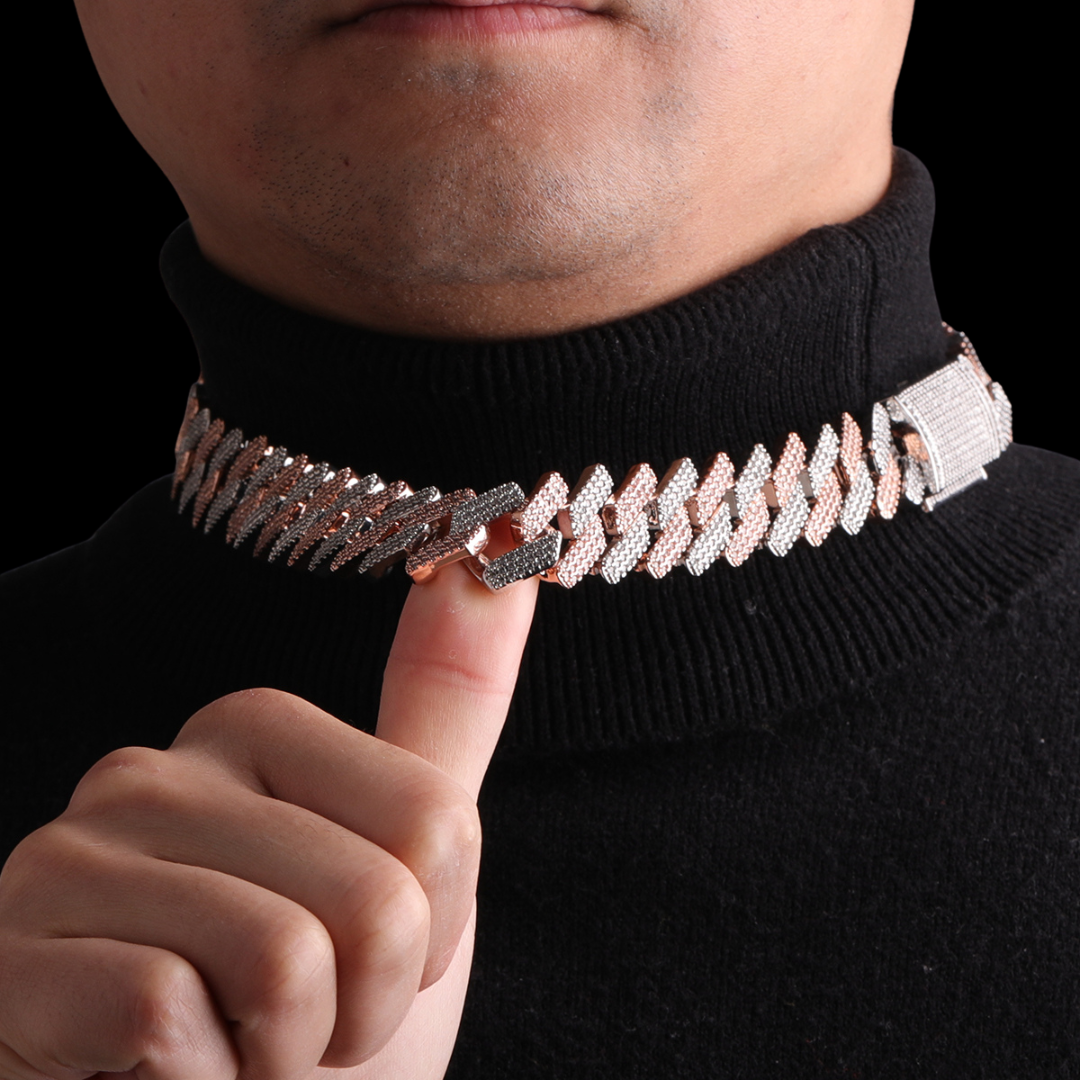 20MM Two Tone Rose Silver Miami Cuban Iced Out Diamond Necklace Chain