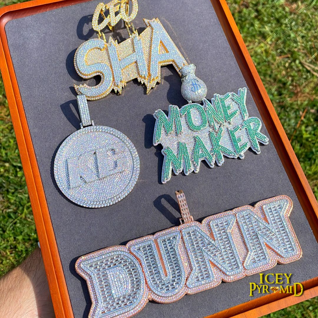 Money Bag Bail Two Tone Solid Iced Out Personalized Custom Name Necklace Pendant