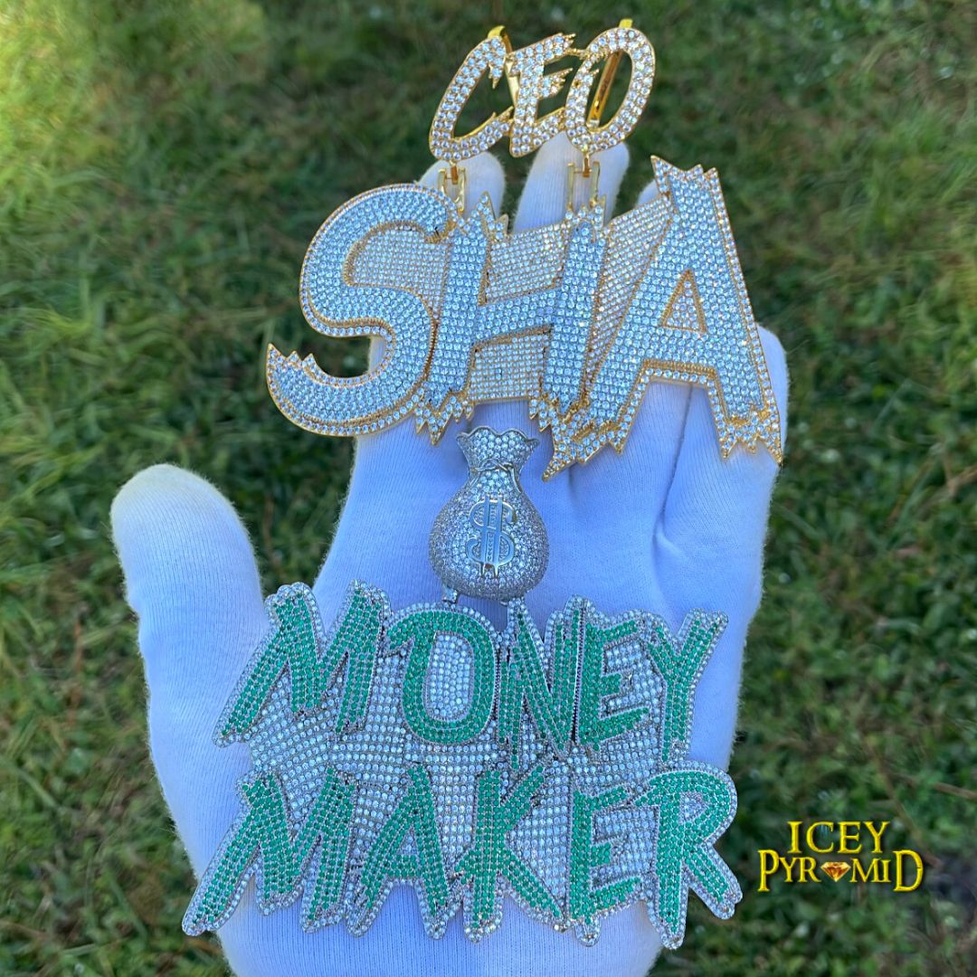Money Bag Bail Two Tone Solid Iced Out Personalized Custom Name Necklace Pendant