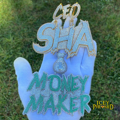 Money Bag Bail Two Tone Solid Iced Out Personalized Custom Name Necklace Pendant