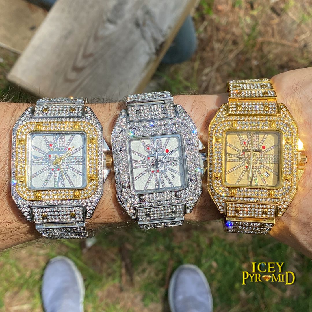 Square Special Red Dial Date Iced Out Diamond Watch