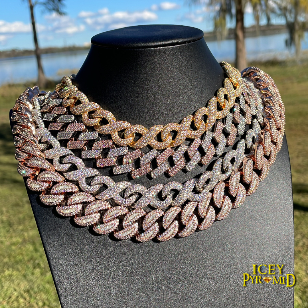 20MM Two Tone Rose Silver Miami Cuban Iced Out Diamond Necklace Chain
