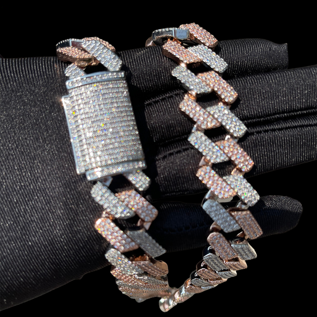20MM Two Tone Rose Silver Miami Cuban Iced Out Diamond Necklace Chain