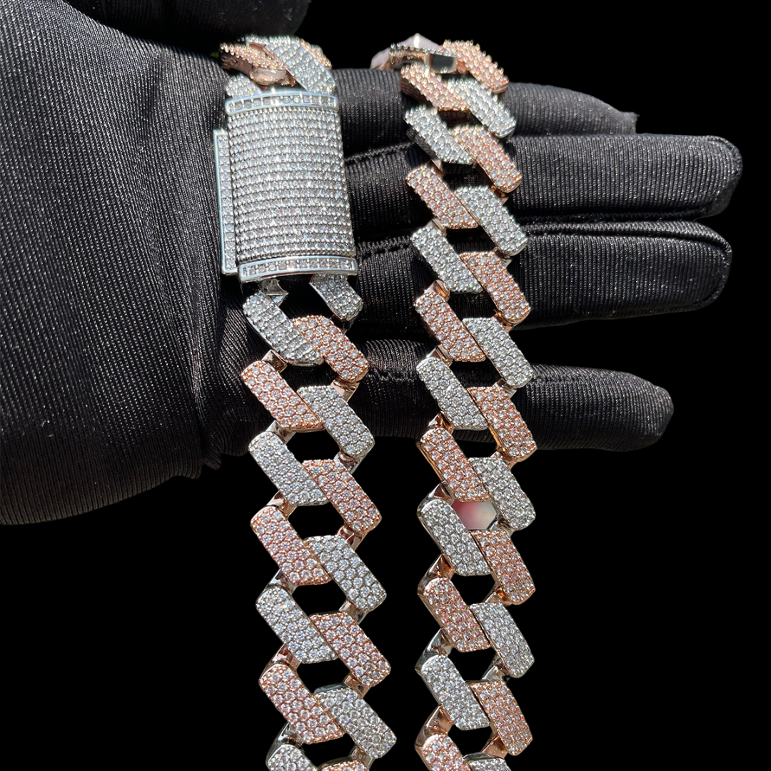20MM Two Tone Rose Silver Miami Cuban Iced Out Diamond Necklace Chain