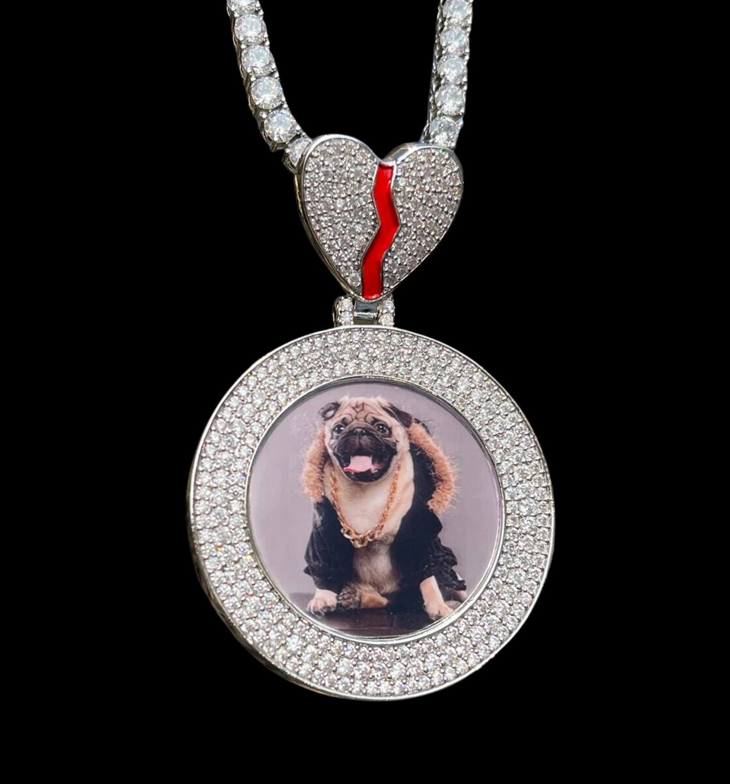 Triple Tennis Broken Heart Custom Photo Picture Pendant Necklace