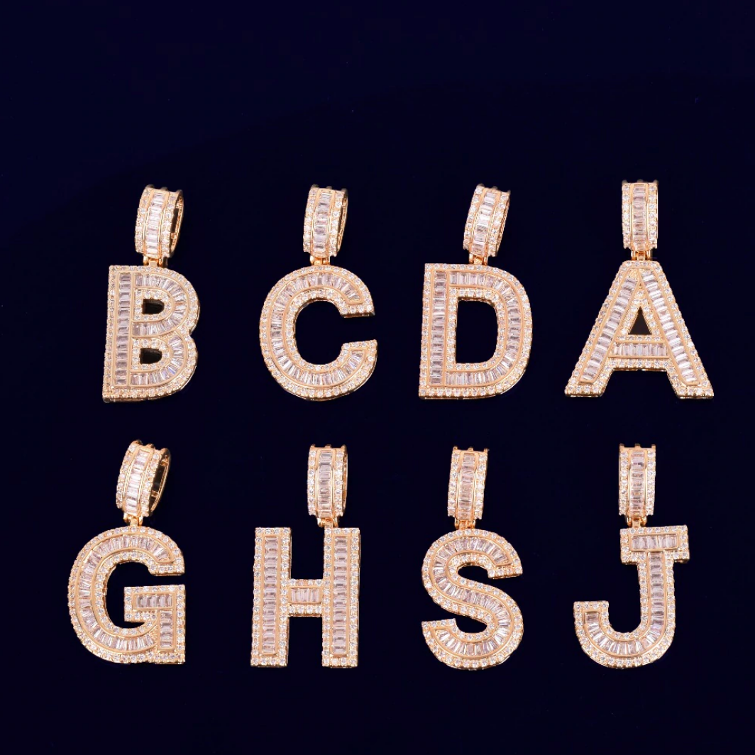 Solid Baguette Letters Iced Out Personalized Custom Name Necklace Pendant