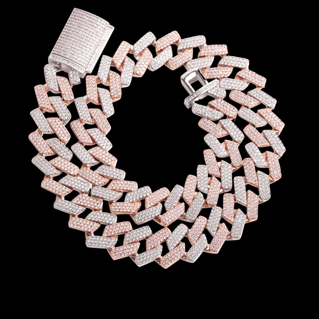 20MM Two Tone Rose Silver Miami Cuban Iced Out Diamond Necklace Chain