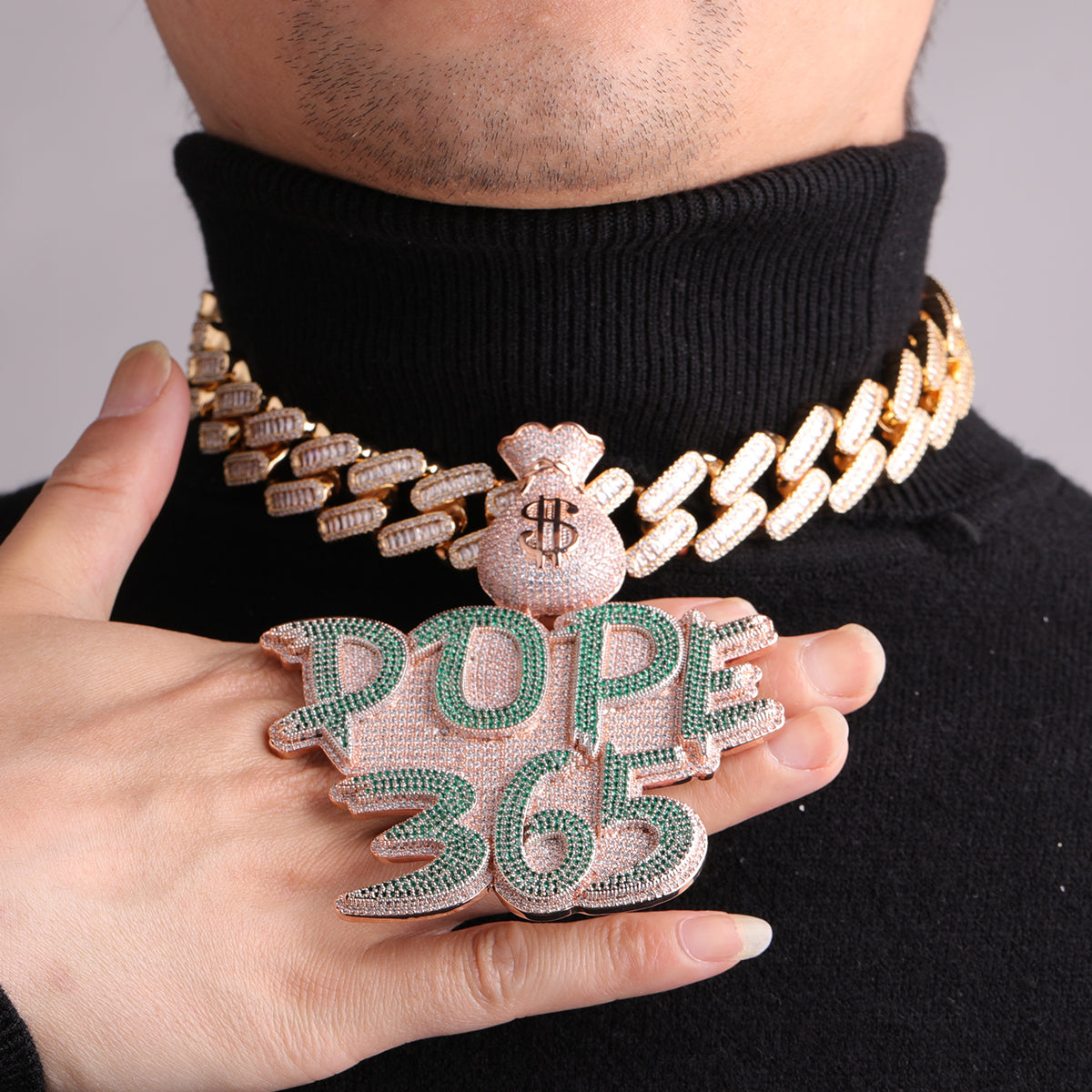 Money Bag Bail Two Tone Solid Iced Out Personalized Custom Name Necklace Pendant