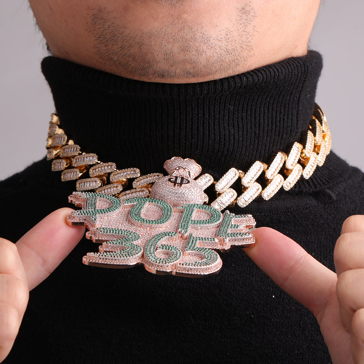 Money Bag Bail Two Tone Solid Iced Out Personalized Custom Name Necklace Pendant