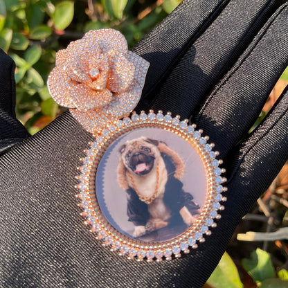 Rose Flower Bail Round Tennis Custom Photo Picture Pendant Necklace