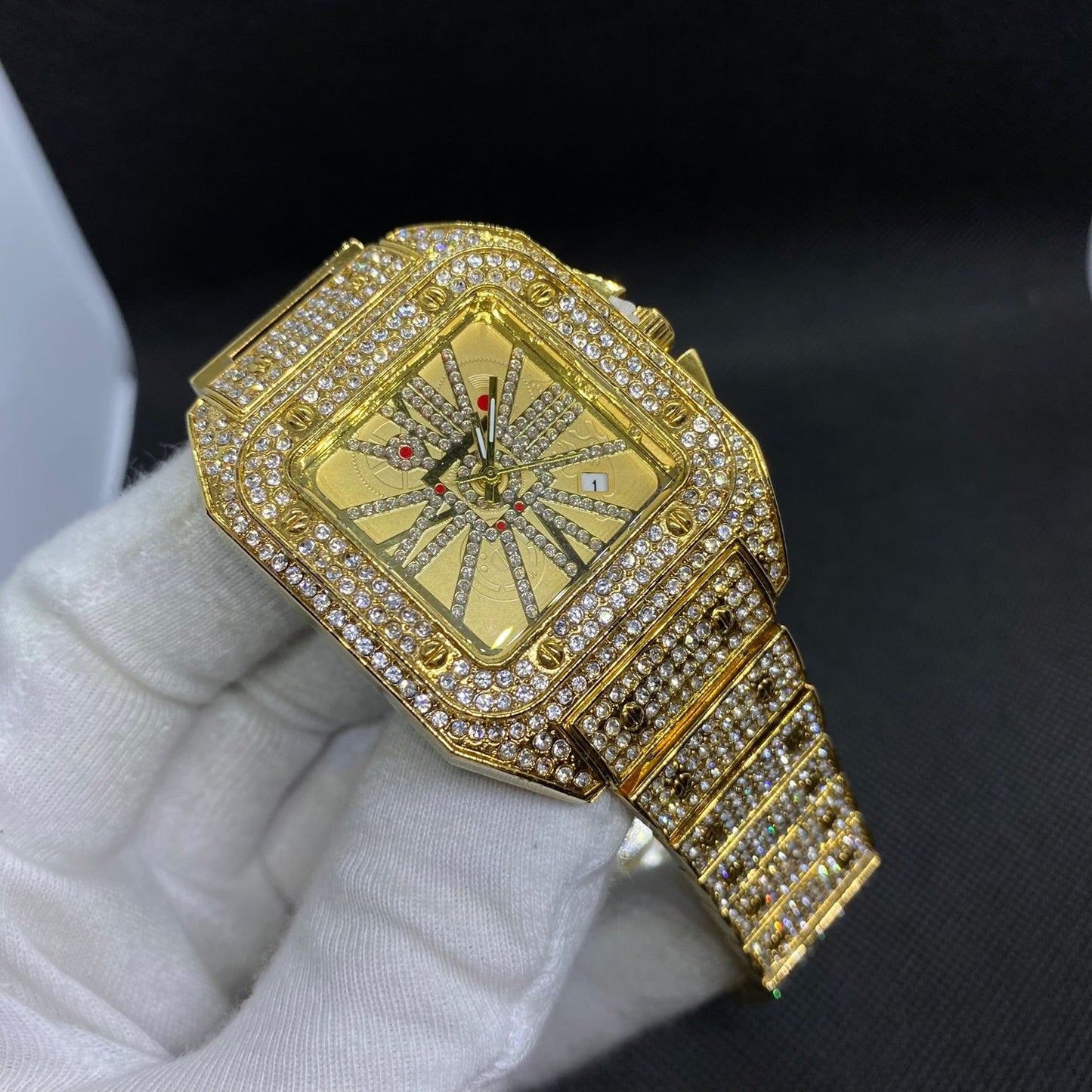 Square Special Red Dial Date Iced Out Diamond Watch