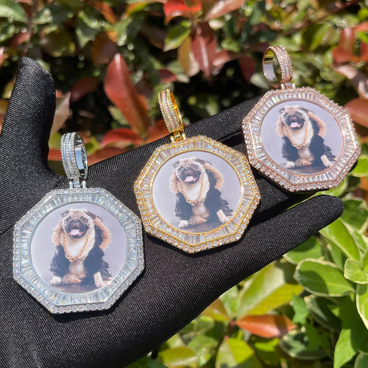 Stones and Baguette Octagon Custom Photo Picture Pendant Necklace