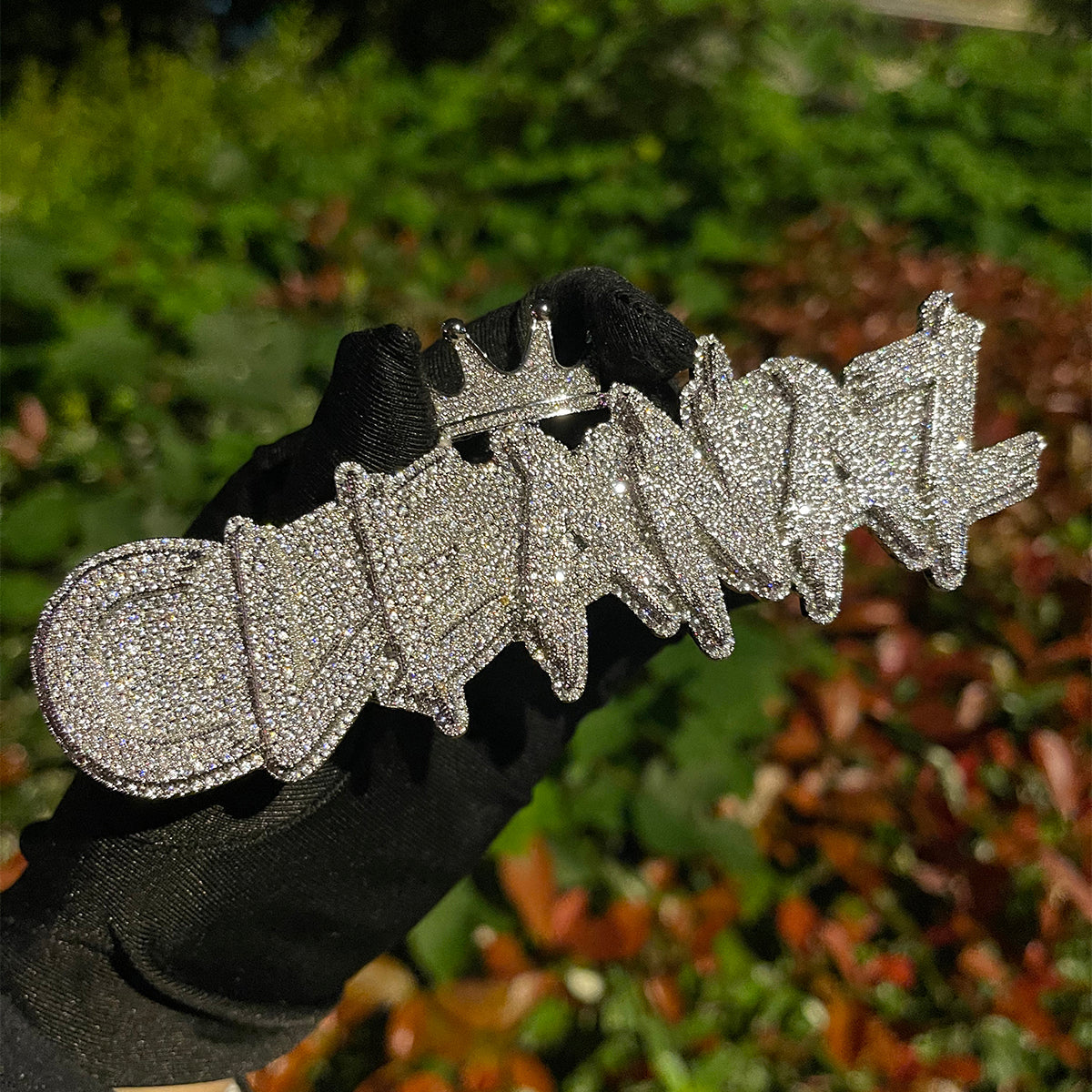 White Gold Edition Crown Bail Rapper Iced Out Personalized Custom Name Necklace Pendant