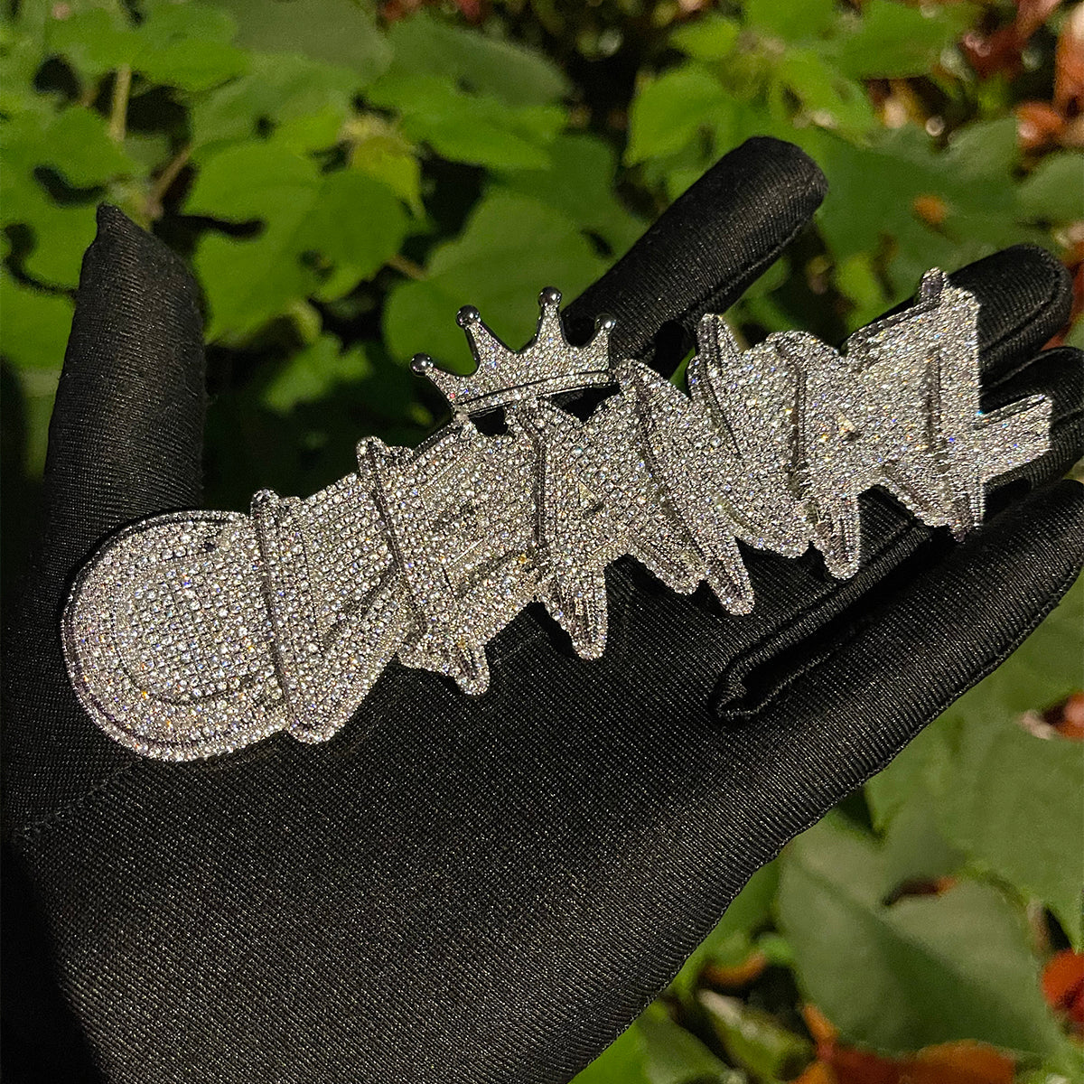 White Gold Edition Crown Bail Rapper Iced Out Personalized Custom Name Necklace Pendant