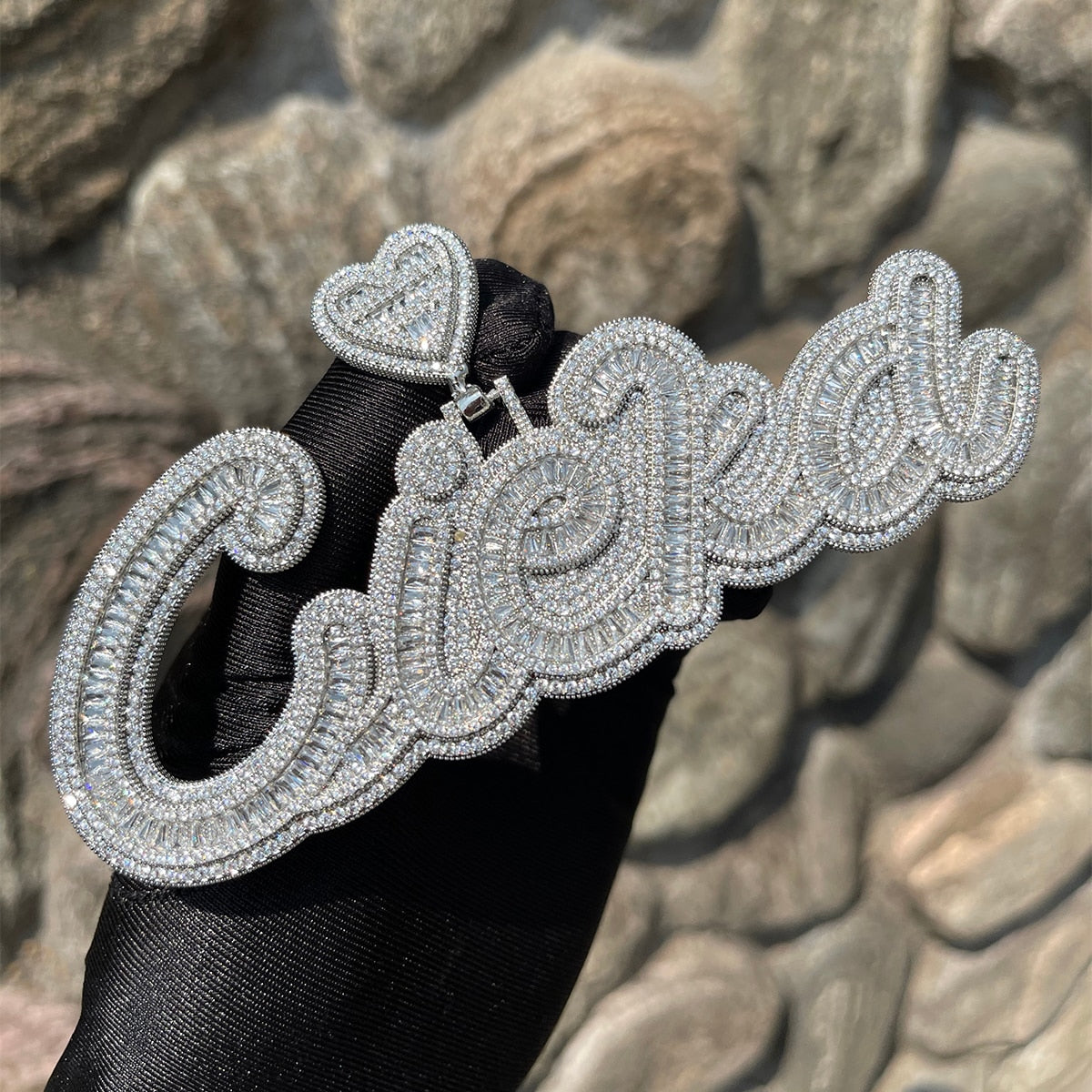 Special Heart Baguette Iced Out Personalized Custom Name Necklace Pendant