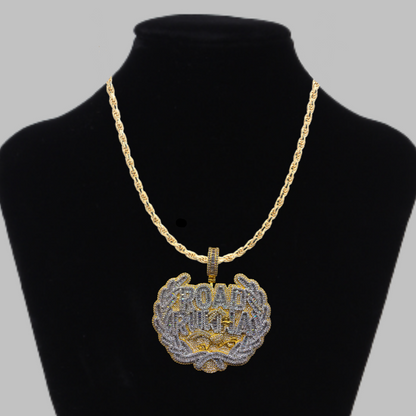 Road Runna Two Tone Badge Iced Out Letter Diamond Pendant Necklace