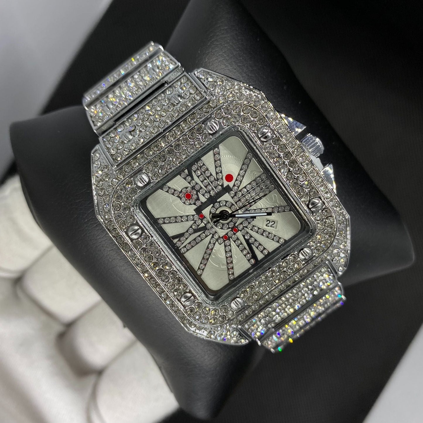 Square Special Red Dial Date Iced Out Diamond Watch