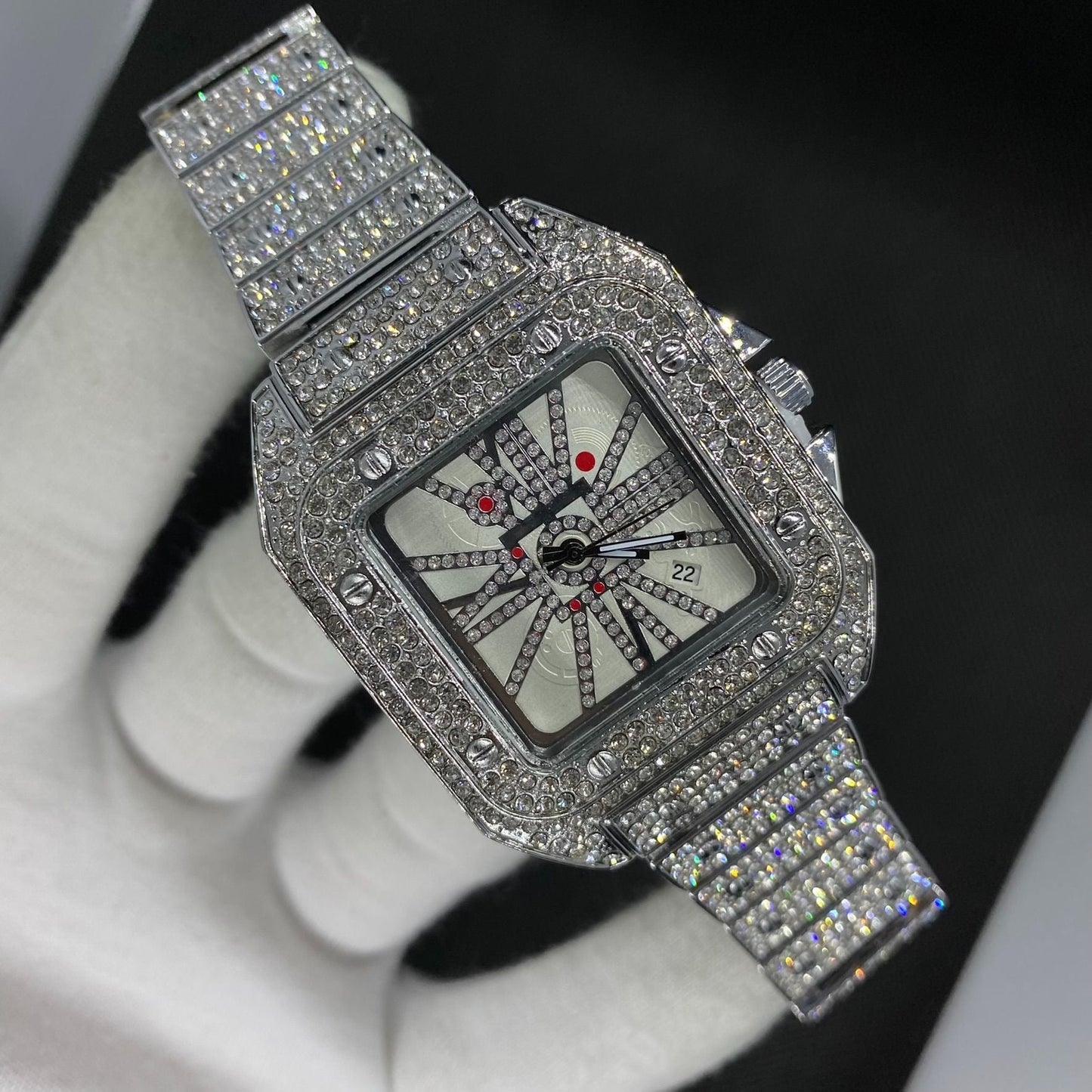 Square Special Red Dial Date Iced Out Diamond Watch